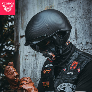 3C安全 VCOROS碳纤维头盔复古哈雷半盔电动摩托车男女机车瓢盔夏季