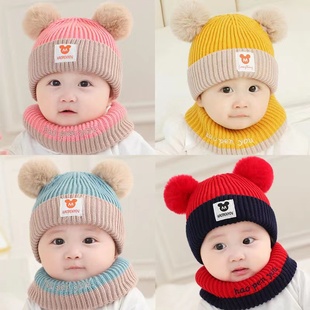 天婴幼儿可爱超萌新生儿男女童宝宝围巾围脖两件套 婴儿帽子秋冬季