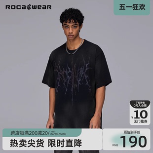 Rocawear夏季 T恤宽松半袖 潮牌异形烫钻LOGO水洗破坏短袖 上衣 美式