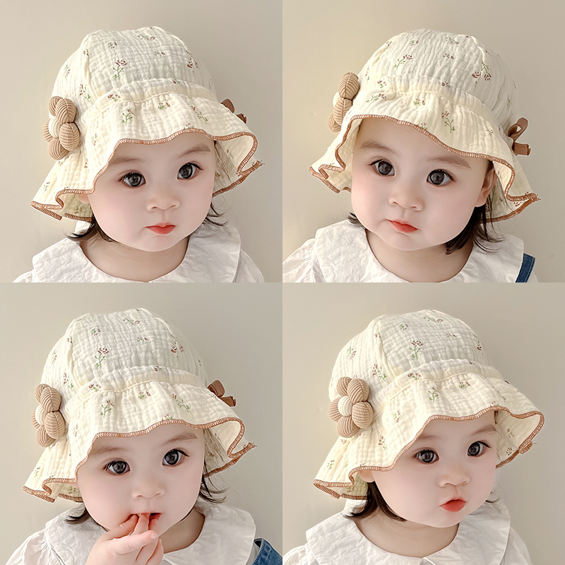 婴儿帽子棉纱透气女宝宝花朵盆帽婴幼儿童渔夫帽防晒遮阳帽 春夏季