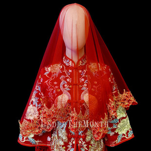 婚礼秀禾服红色盖头金色蕾丝红色头纱头饰 新娘结婚主婚纱头纱中式