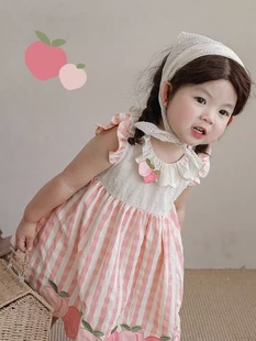 时髦可爱水蜜桃背心裙宝宝绣包边甜美 格子贴布女童连衣裙夏季