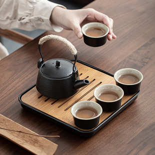日式 复古黑色陶瓷提梁壶功夫茶具小套装 干泡茶盘 家用侧把壶储水式