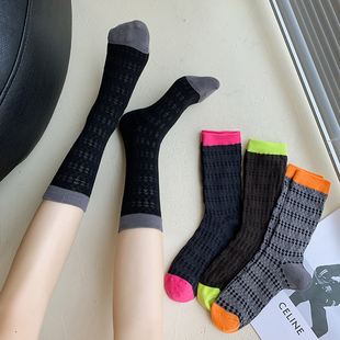 袜子女镂空网眼透气中筒袜复古黑色拼接撞色网红堆堆长袜 薄款 夏季
