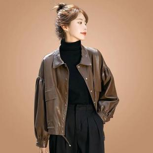高级感PU皮衣外套秋季 宽松复古单排扣皮夹克女装 韩版 2024年新款