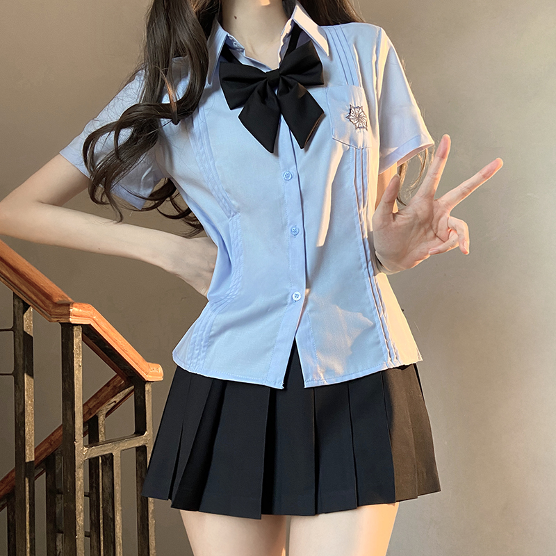 衬衣上衣 女原创泰国校服蓝色夏季 制服套装 长袖 jk风琴褶短袖 衬衫