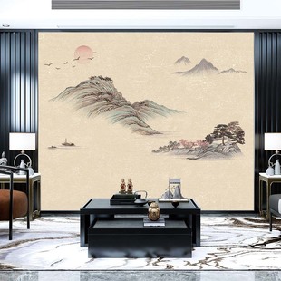 2023 客厅电视沙发背景新款 独绣刺绣金丝线山水整幅无缝壁布新中式