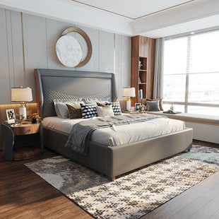 极简后现代卧室1.8米软包婚床实木床 合家黑胡桃木真皮双人床意式