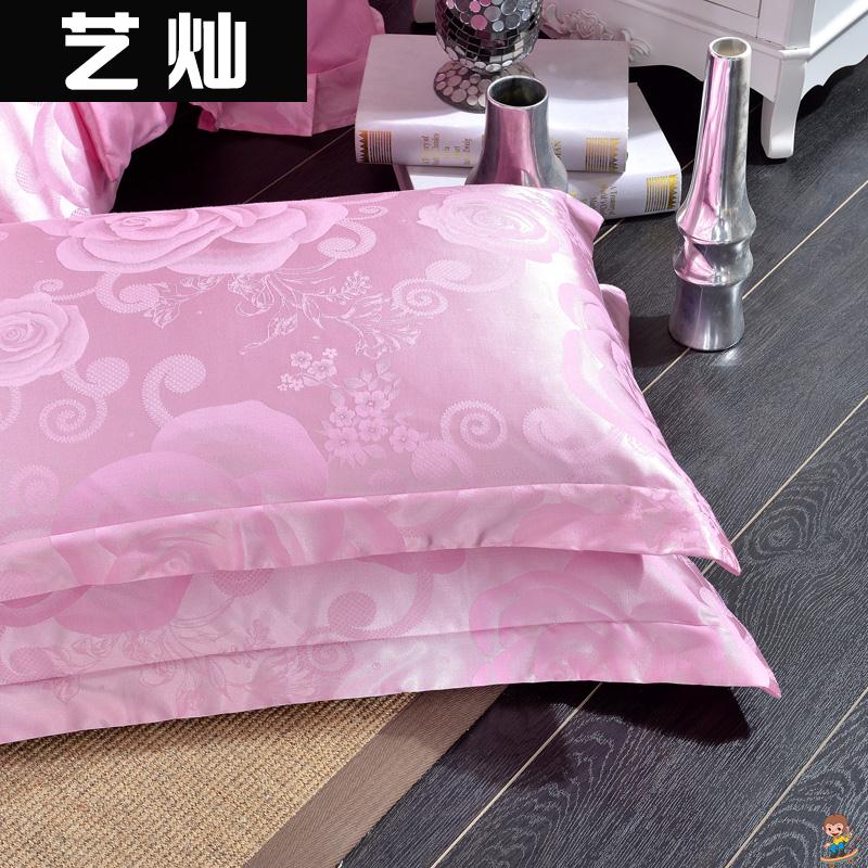 高档丝滑欧式 风枕套2只装 加厚金黄色两 带花纹枕头套一对粉红四季