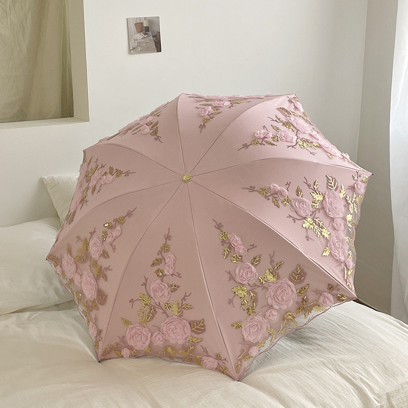 双层微立体花朵折叠晴雨两用防紫外线太阳伞 重工刺绣轻奢蕾丝伞