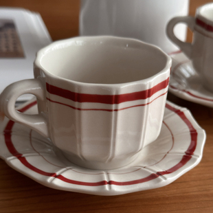 多棱红圈系列咖啡杯碟精致下午茶杯子家用高颜值花朵拿铁杯 白屿