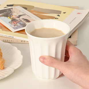 简约竖纹马克杯水杯咖啡杯牛奶杯早餐北欧陶瓷杯子 法式 白屿