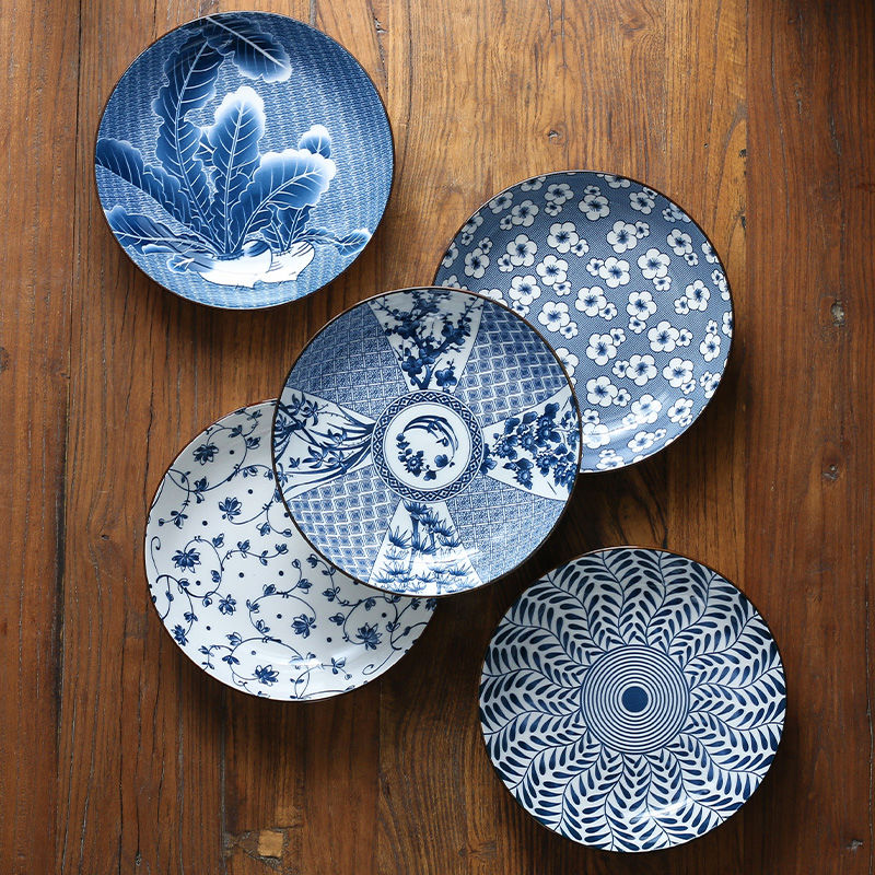 陶瓷碟子复古青色花餐盘饺子盘创意深盘 盘子菜盘家用餐具套装 日式