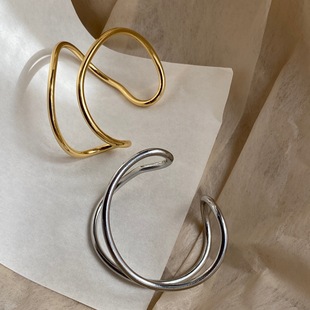夸张无性别饰品 金银色时髦手环个性 欧美金属几何线条开口手镯韩版