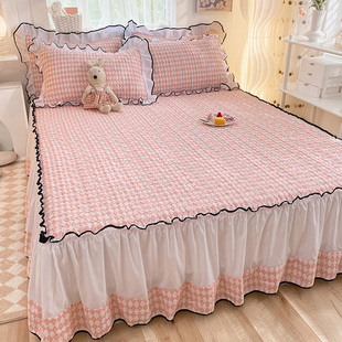 风加厚夹棉床裙单件粉色少女床罩花边防滑床单防尘罩床套