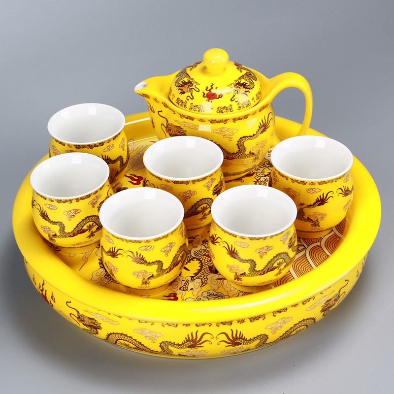 整套干泡茶盘防烫带过滤杯 色釉中国黄龙茶具功夫双层陶瓷茶具套装