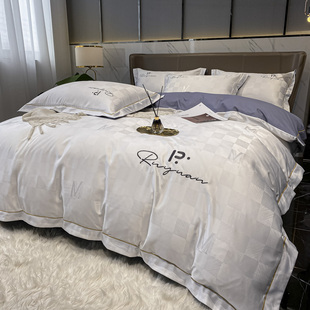 现代轻奢床上四件套纯棉全棉贡缎被套床单床笠简约高级感酒店床品