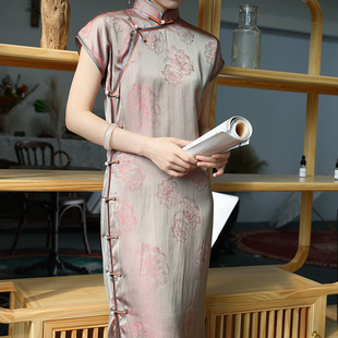 醋酸旗袍原创设计长款 浅色优雅夏季 长裙手工 显瘦修身