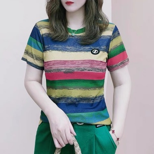 减龄洋气显瘦上衣 时尚 条纹彩虹印花短袖 T恤女2023年新款 薄款 夏季