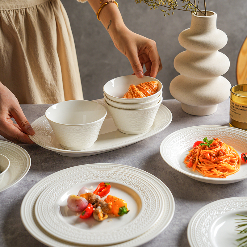 复古碗碟组合家用纯白色浮雕陶瓷饭碗面碗平盘西餐盘鱼盘 舍里法式