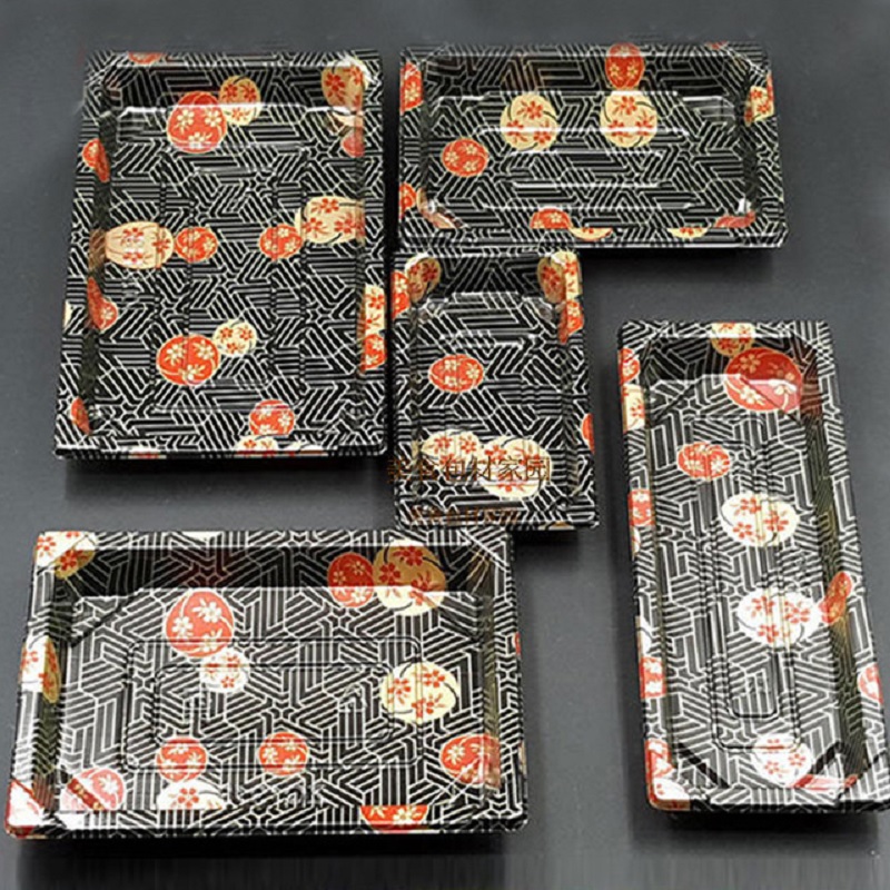 一次性便当盒 寿司打包盒长方形带盖透明塑料餐盒华纹金叶饭盒日式