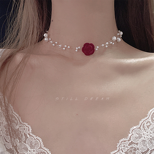 Still 饰短款 多层珍珠项链女红色精致choker装 颈链 复古玫瑰