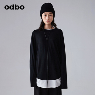 odbo 欧迪比欧原创设计简约假两件黑色T恤女夏季 百搭上衣 2023新款