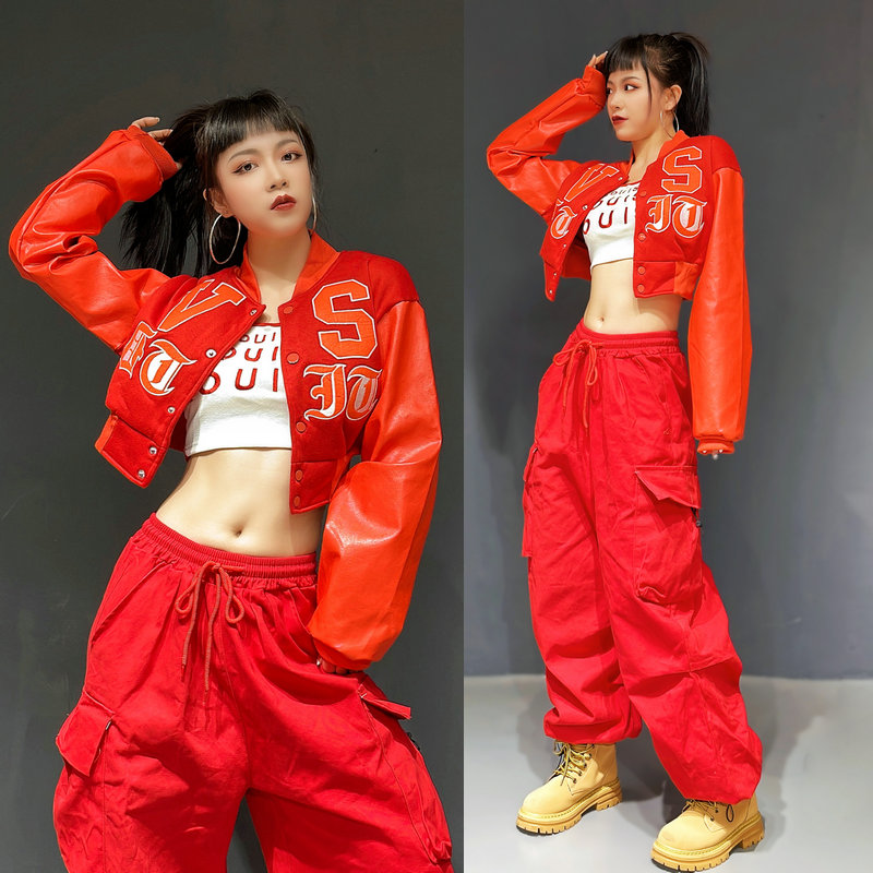 kpop舞蹈爵士套装 国潮宽松红色工装 子 美式 裤 嘻哈街舞跳舞裤 女薄款