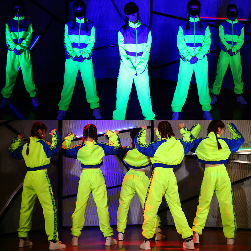 美式 爵士跳舞hiphop街舞套装 男女荧光色潮酷舞蹈团体比赛演出服装