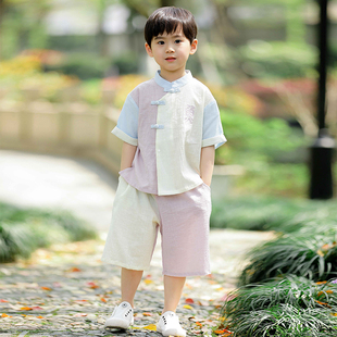 唐装 男童汉服中国风纯棉套装 宝宝中式 儿童复古薄款 改良古风装 夏季