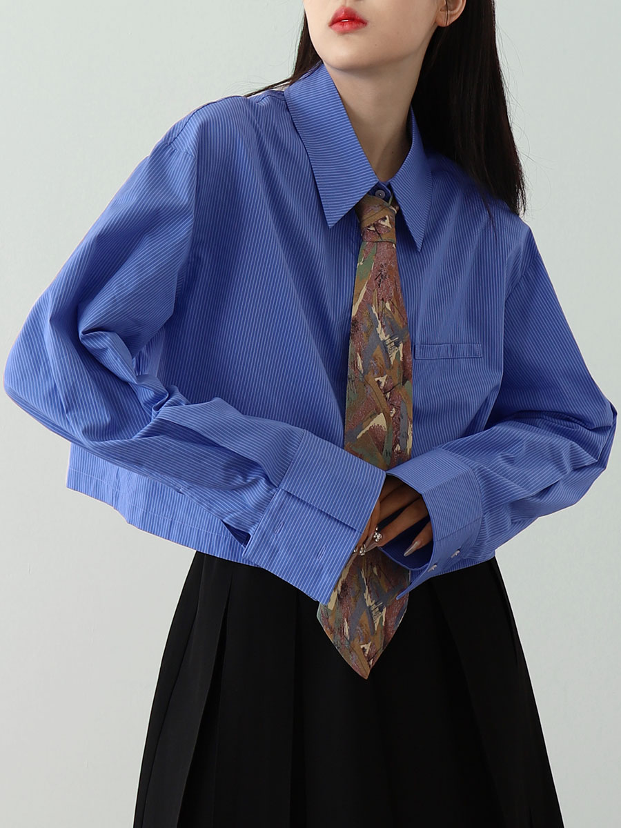 CHICCLO 2024夏新设计感小众短款 女简约宽松休闲蓝色条纹衬衣 衬衫