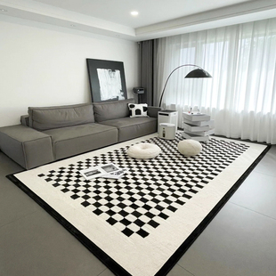棋盘格地毯客厅茶几毯中古黑白ins北欧家用复古沙发卧室天津地垫