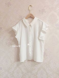 白色 韩国代购 夏季 轻熟荷叶边系带单排扣雪纺衬衫 遇见柒月