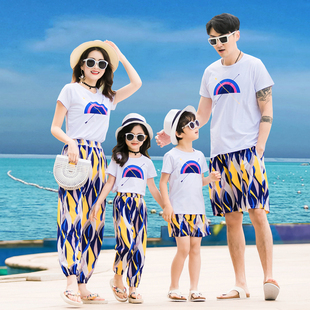 一家四口家庭装 亲子装 情侣T恤 母女套装 夏季 海边度假沙滩装 沙滩裤
