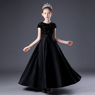 洋气 女童钢琴演出服黑色亮片晚礼服公主裙儿童主持走秀表演服短袖