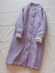 浅紫色复古风中式 改良加厚中长款 棉袄 宽松棉服女盘扣棉衣亚麻冬款