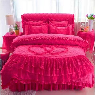 床上蕾丝花边被套 婚庆大红色公主风床裙四件套结婚被子夹棉床罩款