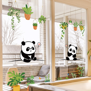 厨房卫生间玻璃门防撞小熊猫贴纸衣柜推拉门小动物图案装 饰墙贴画