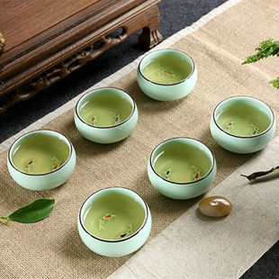 陶瓷功夫茶杯家用茶具茶碗手绘青瓷鲤鱼品茗杯主人杯个人杯高温瓷