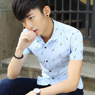 个性 印花衬衣 衬衫 韩版 男短袖 薄款 潮流帅气青少年学生休闲夏季 修身