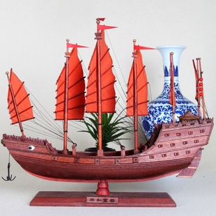 红木工艺品郑和宝船模型中式 装 摆件摆设 饰帆船渔船一帆风顺中式