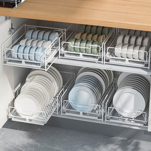 新款 厨房拉篮免安装 碗碟收纳架子抽屉碗X盘沥水滑轨 橱柜内抽拉式
