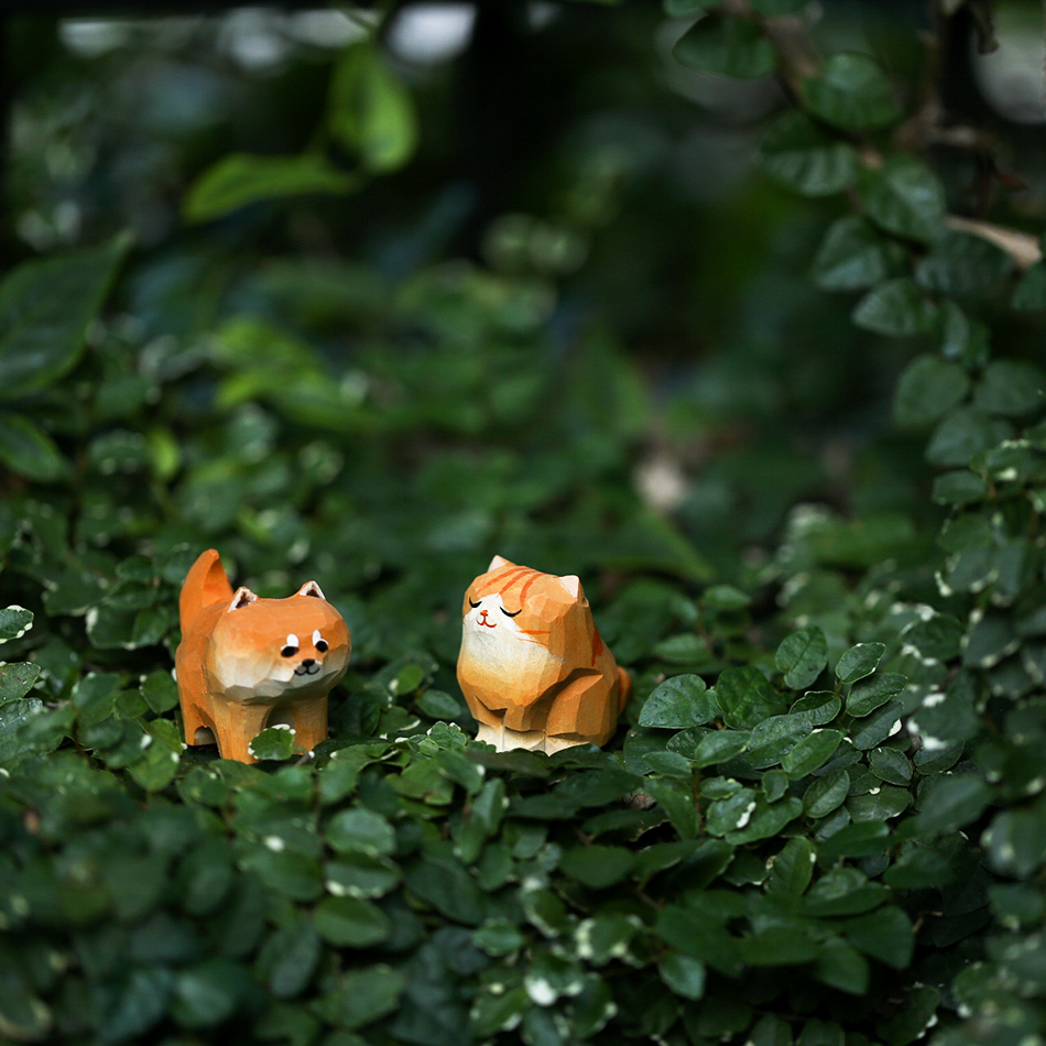 木雕微景观 花园装 迷你柴犬橘猫 饰园艺手工摆件拍摄道具小猫咪
