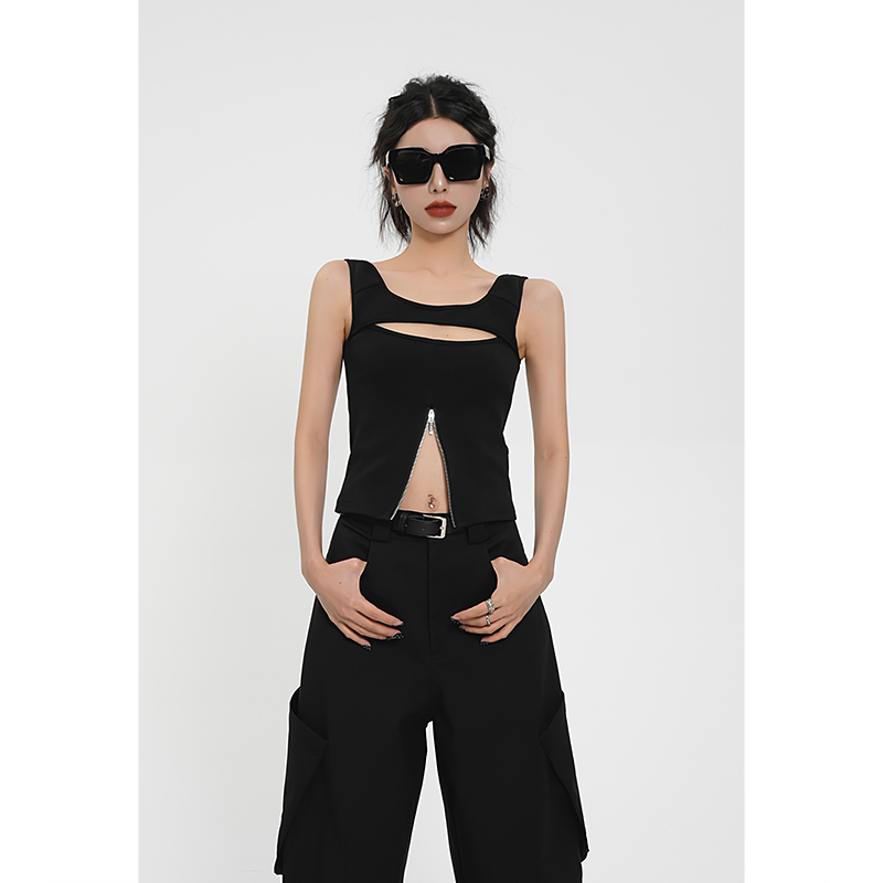 SRYS原创美式 街头镂空性感拉链背心设计感夏季 内搭外穿上衣女 短款