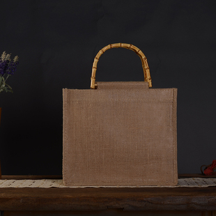 竹通用包装 盒工艺品紫砂订制文艺袋 把编织 配黄麻布手提袋袋手拎
