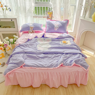薄被子可机洗 空调被夏季 可爱卡通紫兔子夏被三四件套刺绣床裙款