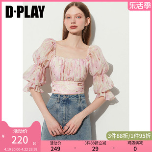 DPLAY2024夏季 上衣粉色方领上衣蝴蝶结短款 泡泡袖 上衣衬衣 法式