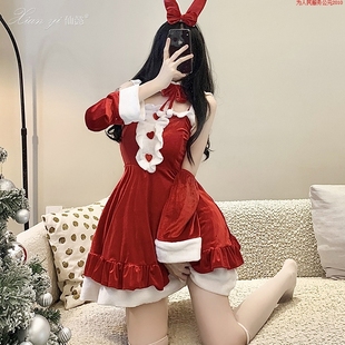 派对舞会兔女郎cos服新年战袍表演 性感红色丝绒连衣裙大码 圣诞装