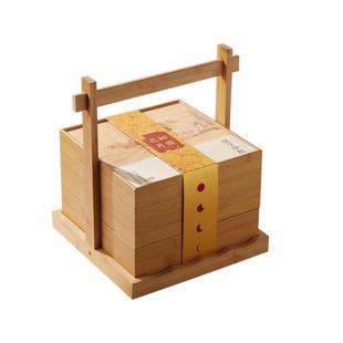 月饼茶叶组合包装 竹纹竹盒中秋盒装 提篮茶礼盒空盒糕点礼金盒 中式