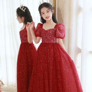红色礼服女童高端公主裙儿童主持人小花童婚礼钢琴演奏演出服春季
